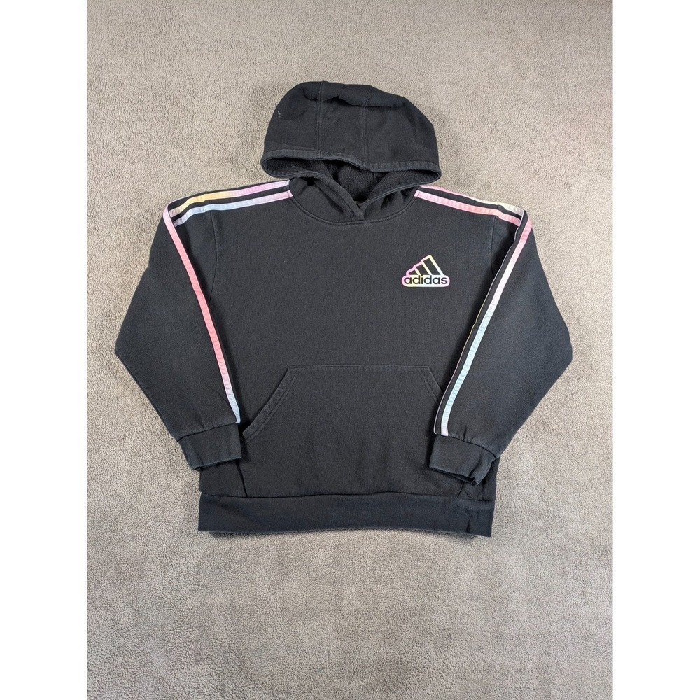 Adidas Hoodie Youth Large 14/16 Black 3-Stripes Tie Dye Loose Fit Fleece Lined